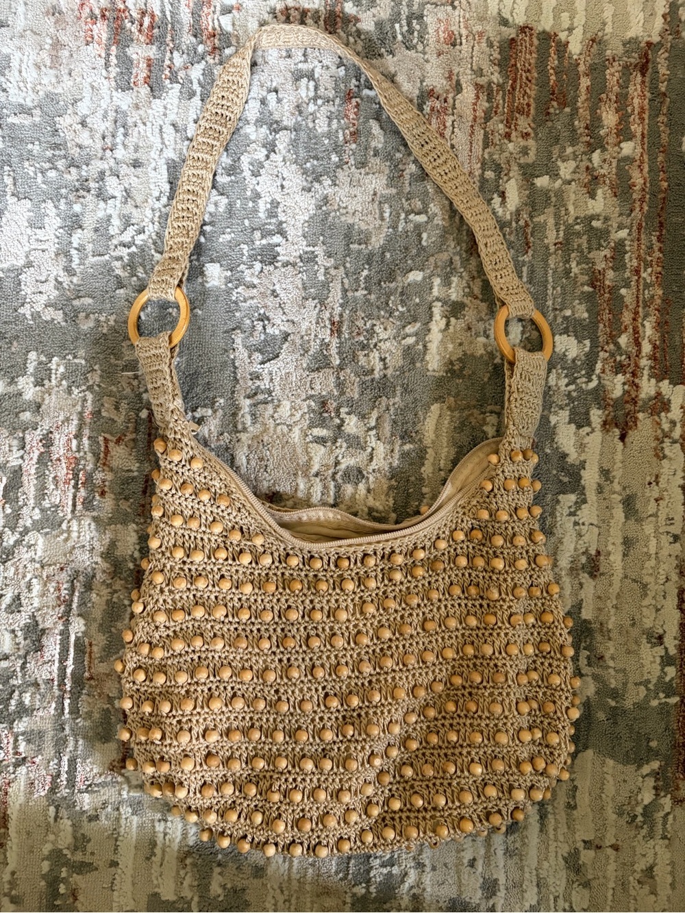 Y2K Crochet Wooden Bead Boho Hobo Shoulder Bag